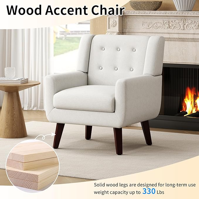 Accent Chairs Mid-Century Modern Upholstered Living Room Armchair Comfy Oversized Linen Fabric Single Reading Arm Chair with Tufted Back and Wood Legs for Bedroom Club (1 Beige)