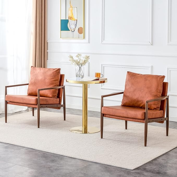 PU Leather Accent Arm Chair Mid Century Modern Upholstered Armchair with Imitation Solid Wood Walnut Color Metal Frame Extra-Thick Padded Backrest and Seat Cushion Sofa Chairs for Living Room