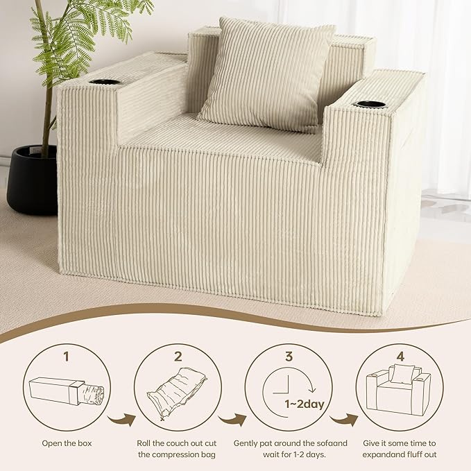 Cloud Single SofaChaise Lounge Chair with Cup Holder &amp Side PocketElevated Seat HeightNo Assembly RequiredBoneless Corduroy Chair for Small SpaceBedroomOffice (White Single Sofa)