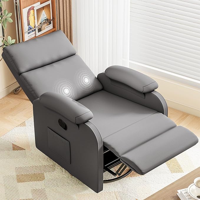 Homall Recliner Chair 360 Swivel Rocking Chair for Adults Massage Nursery Chair with Adjustable Backrest and Footrest PU Leather Glider Rocker Recliners with Side Pocket for Living Room (Grey)