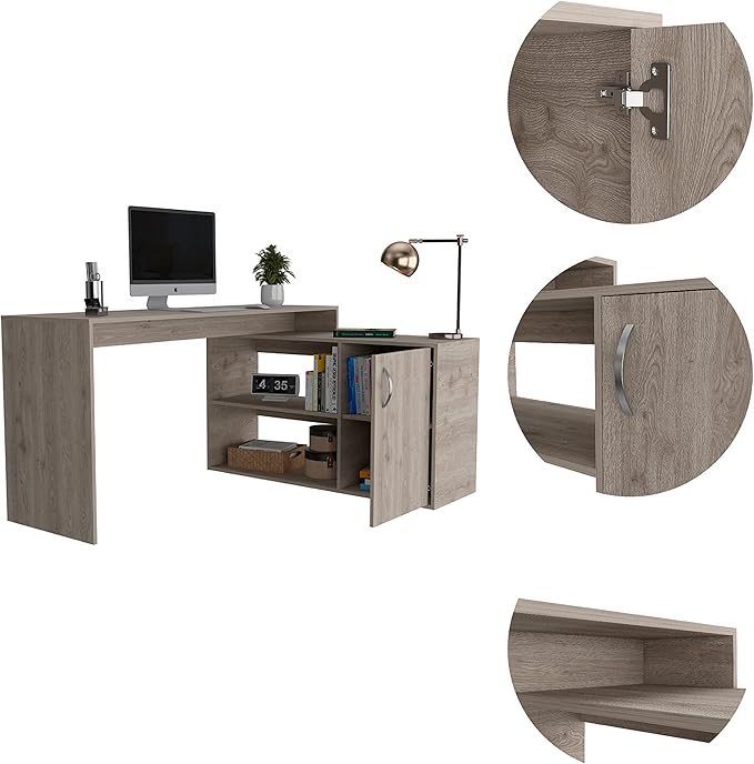Light Gray L-Shaped Writing Desk with 2 Shelves - Modern Home Office Design
