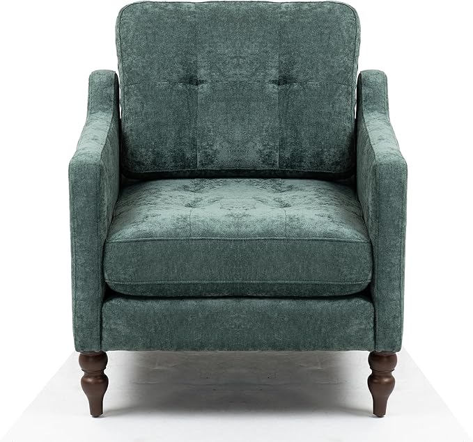 Accent Chair for Living Room Mid-Century Armchairs for Small Spaces Chenille Upholstered Comfy Reading Armchair with Studded for Bedroom (Dark Green-B)