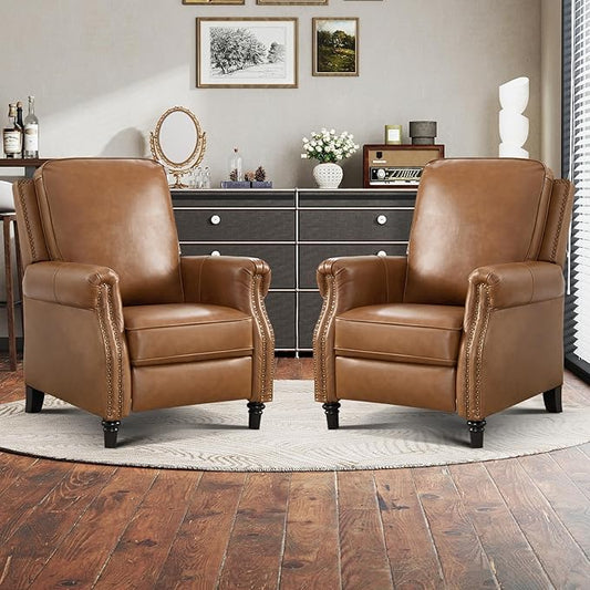 CANMOV Push Back Recliner Chair Set of 2 Genuine Leather Pushback Reclining Chair with Padded Seat Wingback Recliner with Rivet Decoration Single Sofa Recliner for Living Room Apartment Brown
