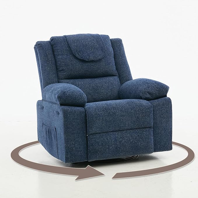 Oversized Massage Rocker Recliner Chair for Adults360° Swivel Rock Recliner Chairs Single Sofa with Vibration Massage and HeatingSide Pocket for Living Room/BedroomBlue