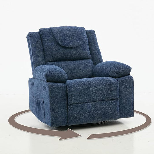 Oversized Massage Rocker Recliner Chair for Adults360° Swivel Rock Recliner Chairs Single Sofa with Vibration Massage and HeatingSide Pocket for Living Room/BedroomBlue