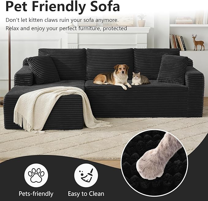 KIVENJAJA 103 Black Boneless Couches for Living Room L-Shaped Cloud Sectional Sofa with Chaise Corduroy Foam Compression Modular Set for Apartment Home Office No Assembly Required