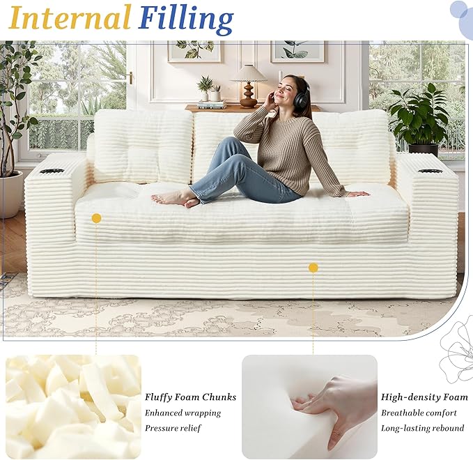 HOMREST Boneless Couch for Living Room 75 3-Seater Sofa w/ 61 Bean Bag Chair Upholstered Cloud Sofa with Cup Holder No Assembly Couch Compressed Floor Sofa for Bedroom Dorm Apartment Beige