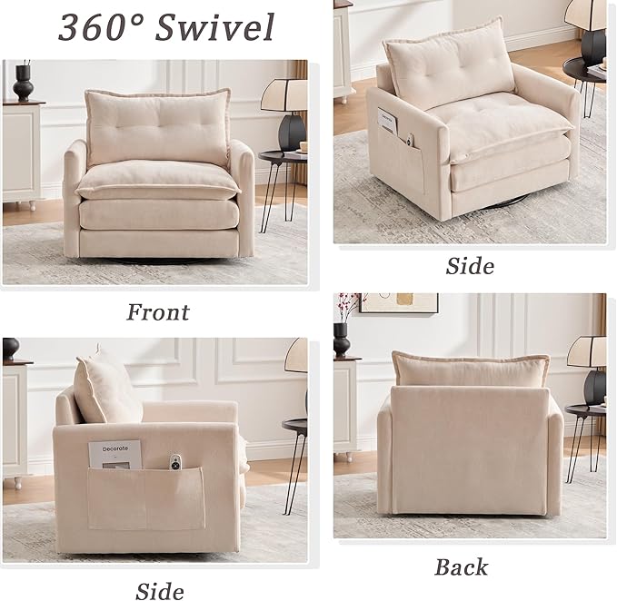 360° Swivel Accent Chair36.22” Swivel ArmchairSquare Accent Barrel Chair with Side Pockets - Upholstered Comfy Single Sofa Chair for Living Room Bedroom Reading Nook (Beige)