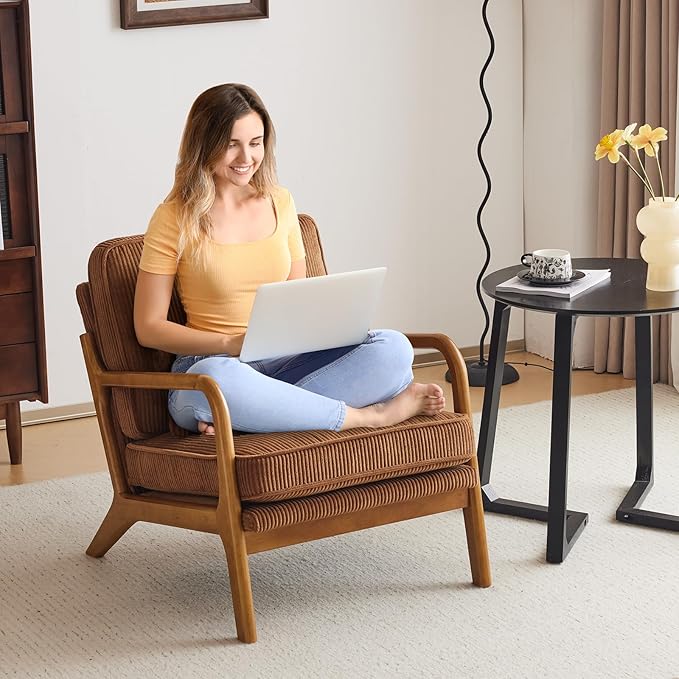 Karl home Mid-Century Modern Accent Chair Living Room Chairs with Pillow Corduroy Upholstered Lounge Armchair with Solid Wood Frame &amp Soft Cushion for Bedroom Reading Room Brown