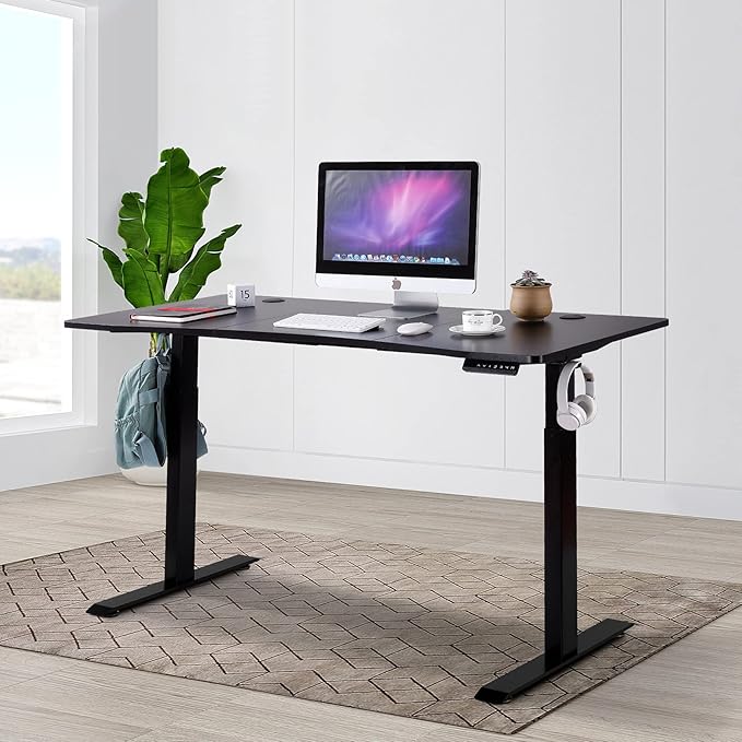 UNICOO - Dual Motor Electric Height Adjustable Standing Desk 59x29.5 Inches Home Office Computer Desk Gaming Desk with USB Charging and Hooks (Black Frame/Black Top) XOT-D59-BB