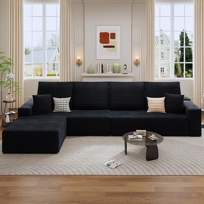 135 Modular Sectional Sofa Modern Corduroy L Shaped Cloud Couch with Chaise Lounge Boneless Upholstered Couches with Deep Seat for Living Room No Assembly Required (Black Left Facing Chaise)