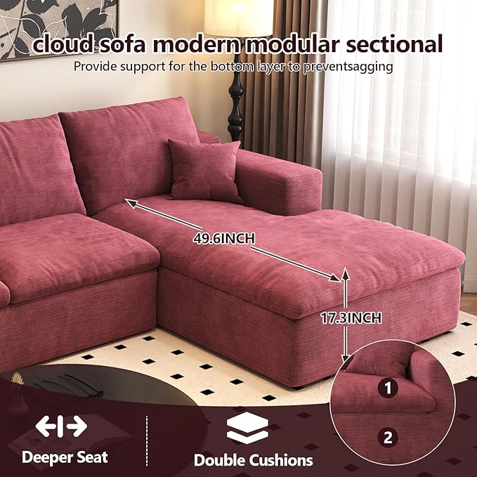 107'' U-Shaped Modern Modular Sectional Cloud Couch Whit Ottoman 4-Seat Chenille Deep-Seat Sofa with Pillow for Living Room Bedroom Apartment Wine Red
