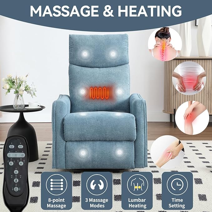 Heat Massage Manual Recliner Chair with Rocker and Swivel in Fabric for Living Room Blue