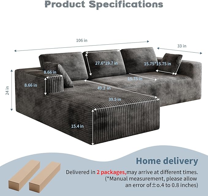 106 Corduroy Sectional Couch Boneless L Shaped Couch with Deep Seat Cloud Foam Sofa with Oversized Chaise Sectional Sofa No Assembly Needed for Living Room
