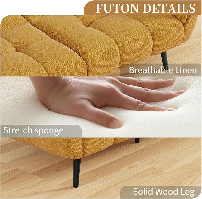 Futon Sofa Bed Convertible 77 Modern Linen Futon Couch Comfy Sleeper Sofa with Adjustable Backrests Couch Bed for Small Spaces Living Room Bedroom Apartment Golden Yellow