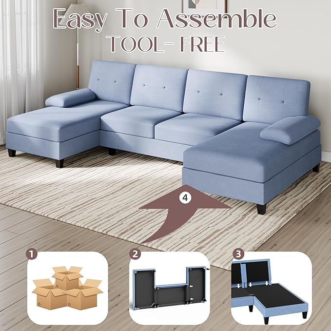 Shintenchi U-Shaped Sectional Couches for Living Room 4 Seat Sofa with Double Chaise LoungesSolid Wood Frame Sectional Sofa for ApartmentBlue