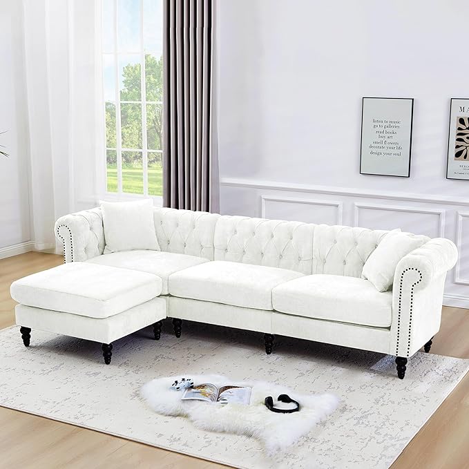 LEVNARY 108” L-Shaped Chesterfield Sectional Couch with Movable Ottoman 4-Seat Couch with Rolled Arms Upholstered in Linen-Like Fabric Mid-Century Tufted Corner Sofa for Living Room Office (White)