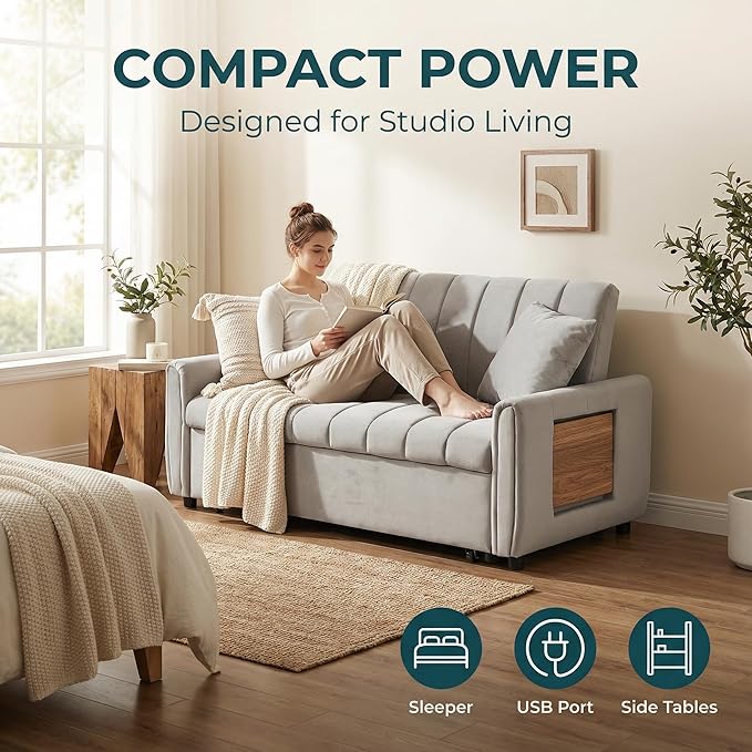 53.9 3-in-1 Convertible Sleeper Sofa Bed Loveseat Pull Out Bed with USB Ports &amp Swivel Stand Modern Foldable Sofa Bed with Tabletop Sleeper Couch for Living Room Bedroom (Grey)