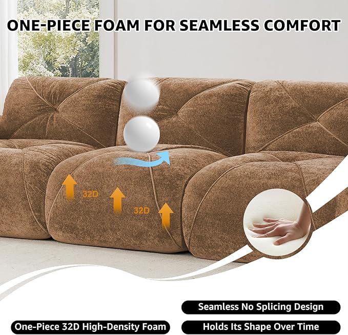 Camel 4-Seater Sectional Couches for Living Room Velvet Fabric Boneless Couch in a Box No Assembly Cloud Modular Sectional Sofa Foam Couch Compressed Sofa Set for Apartment Sofas para Sala