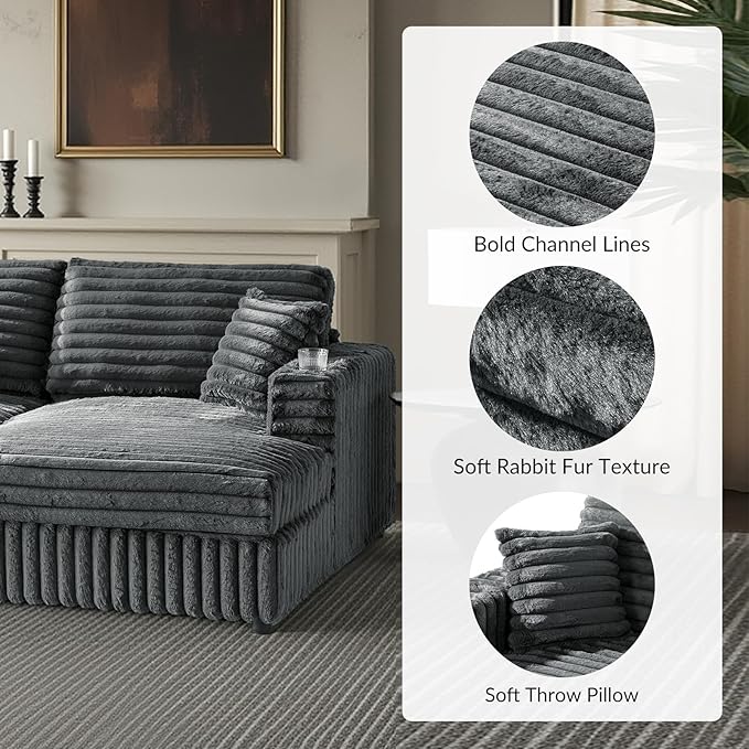 HULALA HOME 88 Double Chaise Lounge Sofa with USB Port and Cup Holder Oversized Cloud Couch with Faux Rabbit Fur Deep Seat Sleeper Sofa Bed for Living Room Bedroom Grey