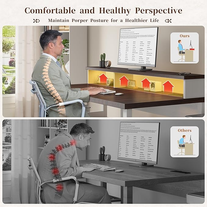 EnHomee 60.4 Computer Desk with Drawer &amp Power Outlet Gaming Desk with LED Light Farmhouse Desk Study Desk with Monitor Stand Home Office Desk Work Desk for Bedroom Study Room White