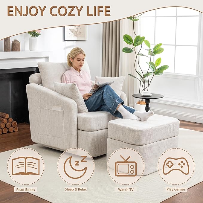39''W Oversized Accent Chair with OttomanComfy Swivel Lounge Reading Chairs for Living RoomBedroom (Chenille Beige)
