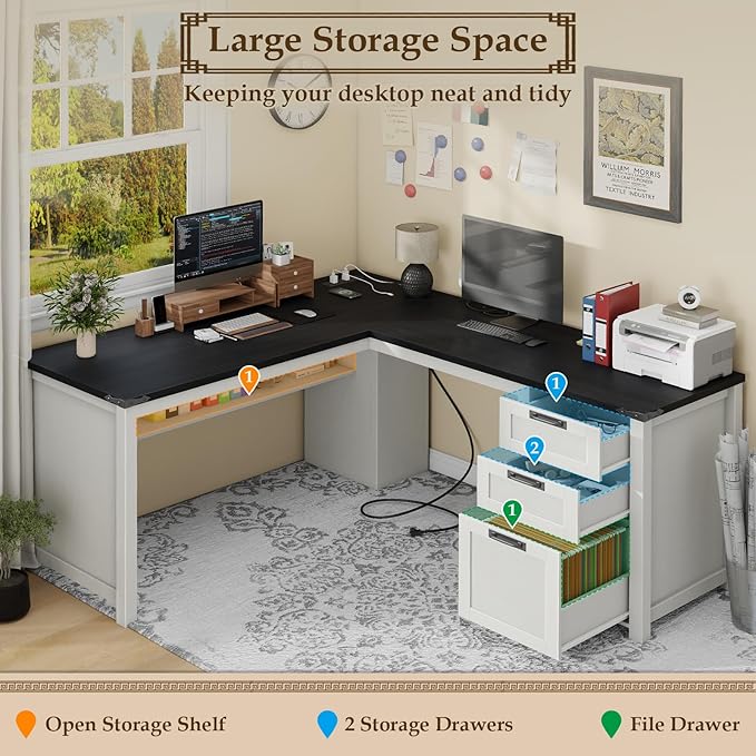 Vabches Wood L Shaped Executive Desk Farmhouse Home Office Desk with Drawers and Under-Desk Storage Shelf Corner Computer Desk with Power Outlets for Home Office Study Bedroom White and Black