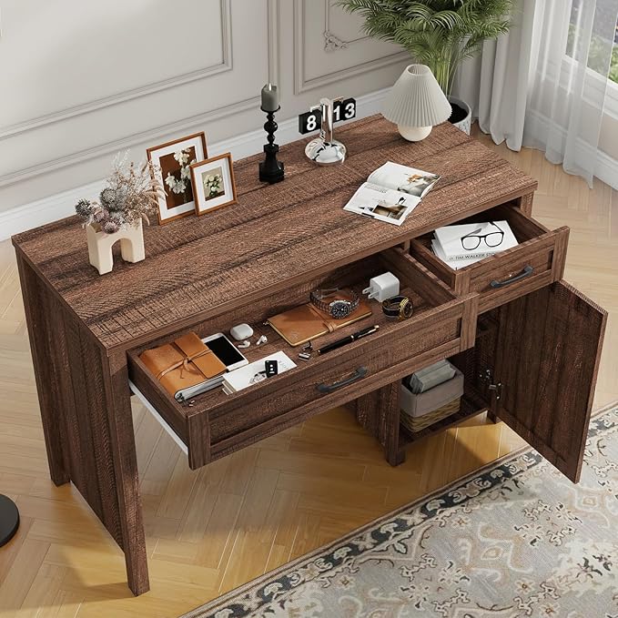 Vabches Farmhouse 47 Executive Desk Computer Desk with Drawers and Storage Cabinet Workstation Computer Desk for Home Office Study.Red-Brown