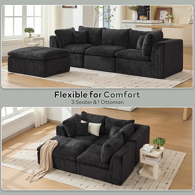 STHOUYN 114” Modern Black Boneless Sectional Couches for Living Room Black Modular L Shape Cloud Sofa Couch with Ottoman Comfy Big Oversized Corner Couch in a Box(Black 3 Seater + 1 Ottoman)