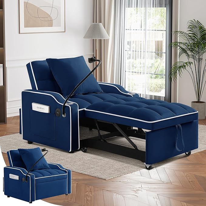 Convertible Sleeper Sofa Chair Bed 3 in 1 Tufted Velvet Pull Out Sleeper Chair with Adjustable Backrest &amp Phone Holder Modern Single Sofa Chair for Living Room Small Spaces Apartment Blue