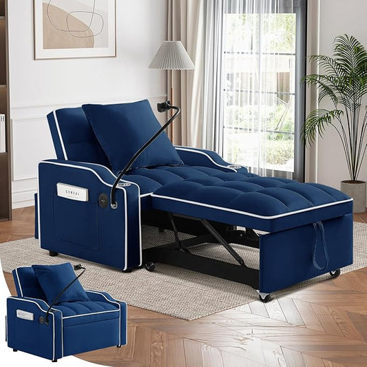 Convertible Sleeper Sofa Chair Bed 3 in 1 Tufted Velvet Pull Out Sleeper Chair with Adjustable Backrest &amp Phone Holder Modern Single Sofa Chair for Living Room Small Spaces Apartment Blue