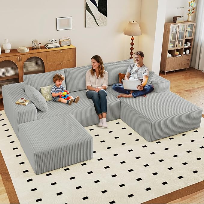 96 U-Shape Cloud Couch Modern Modular Sectional L-Shape Sofa with Ottoman Corduroy Upholstered Couches Deep Seat Chaise Longue for Living Room No Assembly Required(Light Gray Right Facing)