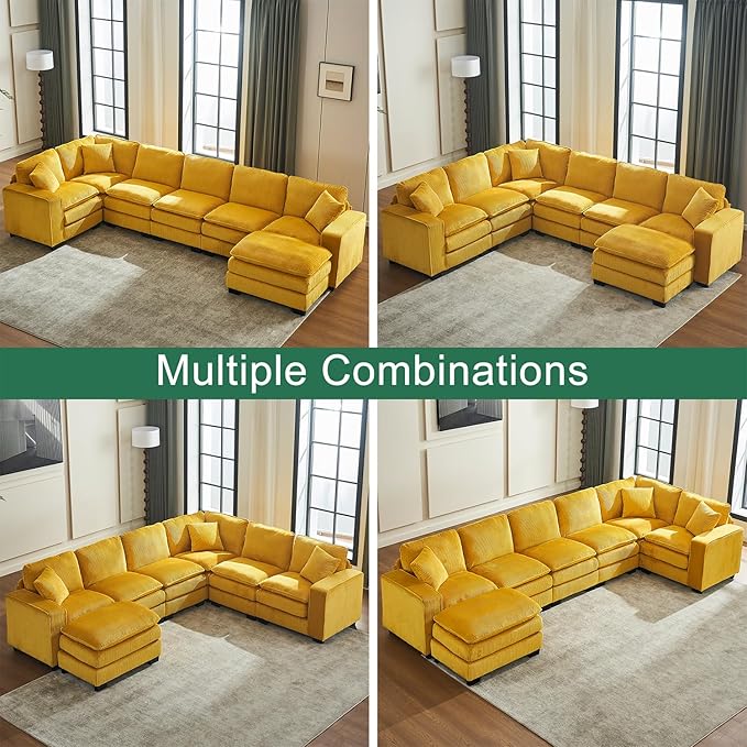 143 Large Modular Sectional Sofa Convertible U - L Shaped 6-Seat Sofa Couch with One Ottoman Chaise and Pillows Sectional Couches Comfy Corduroy Upholstered Sofa Sleeper for Living Room (Yellow)