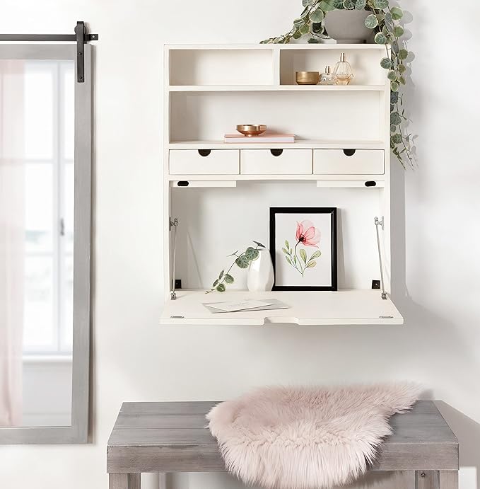 Kate and Laurel Georgie Rustic Wood Floating Desk 26 x 6 x 30 White Transitional Computer Desk for Home Office with Folding Design