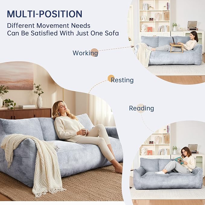 Faux Fur Loveseat Couch Oversized Lounge Sofa for Adults Fluffy Lazy Sofa with Soft Stuffed Filling Big Comfy Couch Boneless Couches for Living Room Bedroom Light Gray Blue