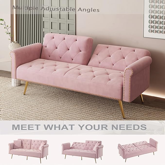 Modern Velvet 2 in 1 Futon Sofa BedConvertible Folding Sleeper Bed Couches with 2 Pillows63 Tufted Recliner Love Seat with Golden Chrome Legs for Living Room Apartment Office (Pink-New)