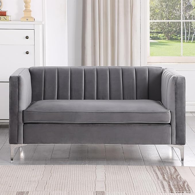 Morden Fort Velvet Loveseat Sofa 55 Modern Soft Loveseat Easy to Clean and Install Furniture Small Loveseat for Living Room Lounge Office to Read and Relax Grey