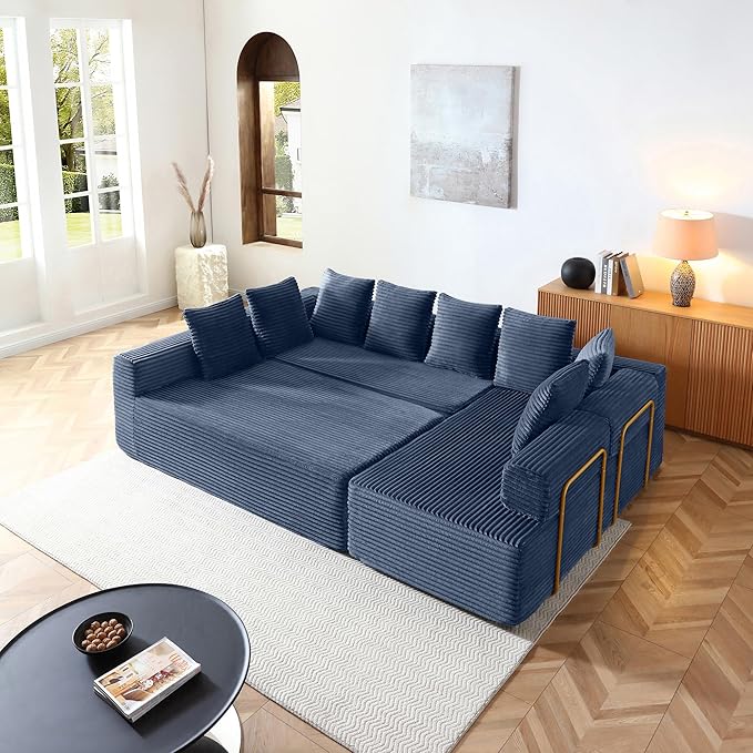 145 inch Modern Sectional Couch for Living Room Oversized Cloud Boneless Couch with Freely Movable Armrest and Fixed-Shape Frame Blue Modular Sofa U Shape Couches | No Assembly Required Free Combin
