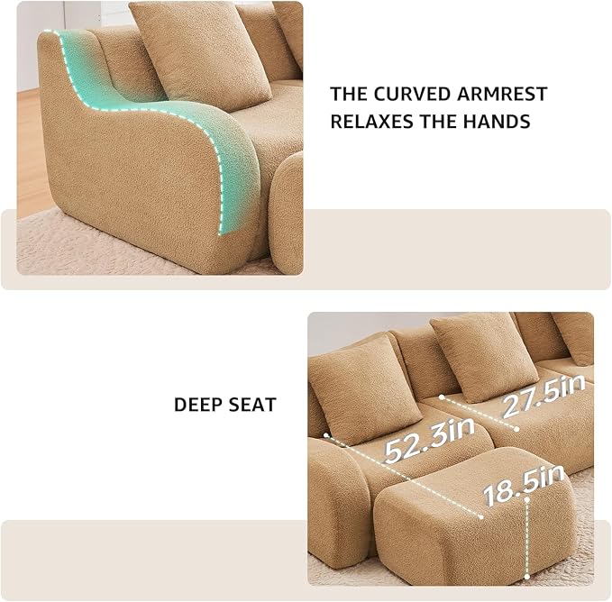 Camel U-Shaped Cloud Couch with 2 Ottomans Modern Teddy Fabric Boneless Sectional Sofa in a Box for Living Room Modular Floor Couch Deep Seat No Assembly Required Sofas para Sala