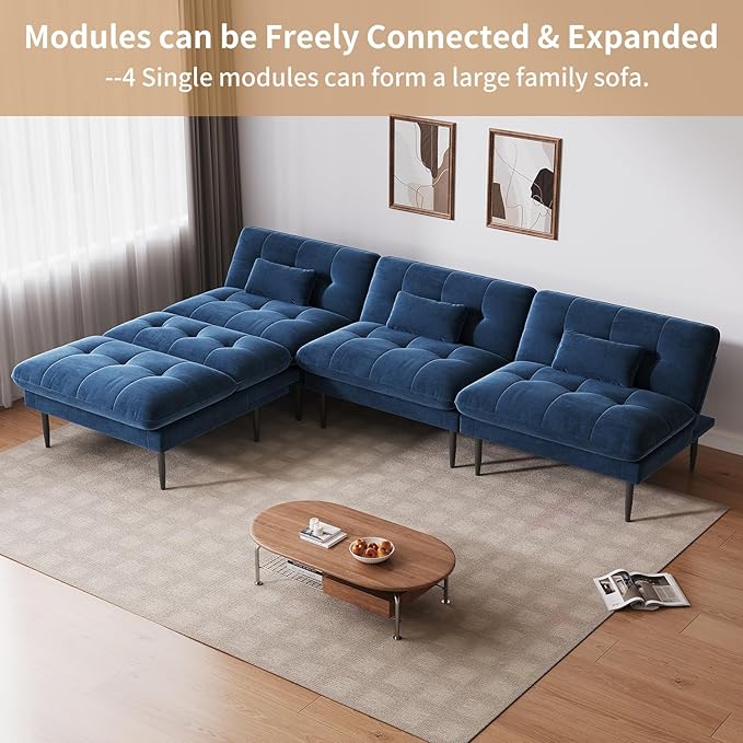 70 inch Convertible Futon Sofa Bed Velvet Sleeper Sofa with Adjustable Backrest Thick Fill and Convertible Modules 4 in 1 Loveseat Couch for Living Room Blue