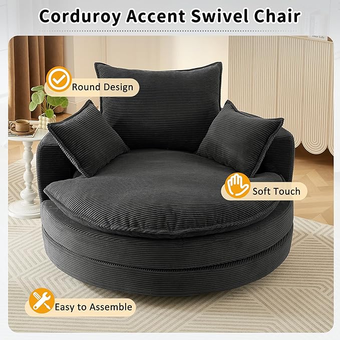 Eafurn 57.5 Oversized Swivel Barrel Chair with Dual-Layer Cloud Cushion Modern Corduroy Accent Round Chair for Living Room 360° Rotating Lounge Armchair with 3 Pillows for Bedroom &amp Reading Noo