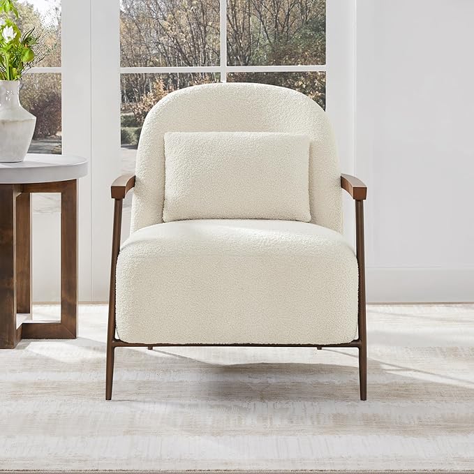 CHITA Accent Chair for Living Room Set of 2 FSC Certified Modern Upholstered Faux Sherpa Fabric Armchair with Metal Frame and Wooden Armrests Ivory