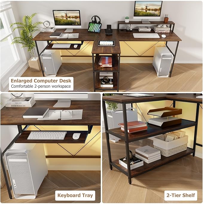Giantex 94.5” 2 Person Desk with LED Lights Long PC Study Desk with Storage Shelves Power Outlets Keyboard Tray &amp Monitor Stand Double Computer Desk Workstation for Home Office (Rustic Brown)