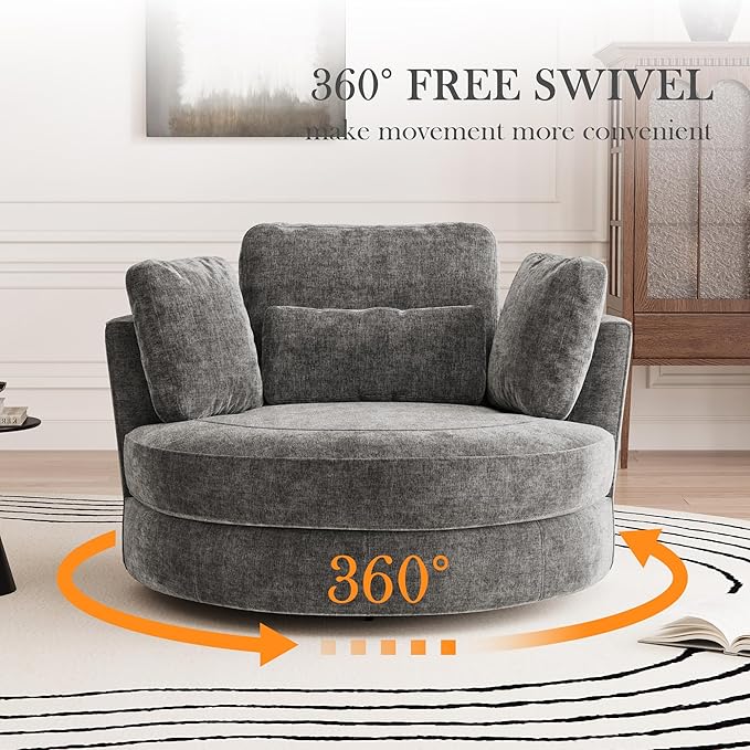 Aoiy &amp Wifon 50'' W Oversized Swivel Barrel Chair with Storage Ottoman Gray Round Accent Chair with Half Moon Ottoman for Living Room Deep Seat &amp Extra Wide Chenille