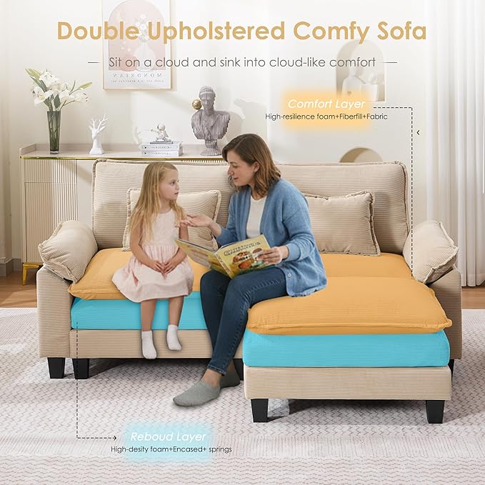 87 Corduroy Modular Sectional Sofa Convertible L Shaped Modular Sofa Comfy Cloud Couch with Ottoman Side Pockets and 2 Throw Pillows for Living Room Kahki 3 Seats