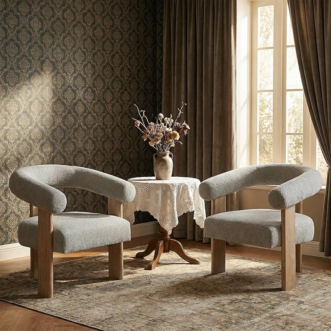 VKNOW Accent Chair Living Room Chairs Set of 2 Modern Upholstered Arm Chair with Solid Wood Legs Comfy Barrel Accent Chairs for Living Room Bedroom Grey