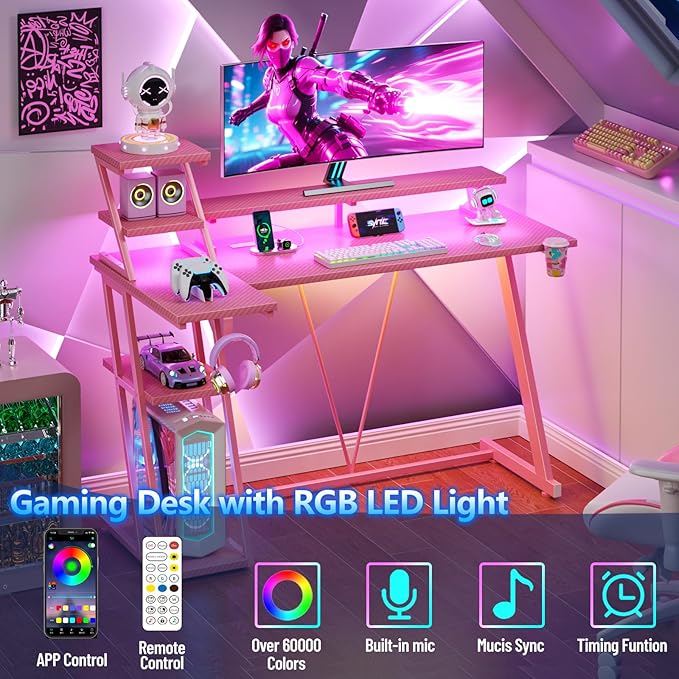 47 Inch Pink Gaming Desk with LED Lights &amp Power Outlet Gaming Computer Desk with Storage Shelves L Shaped Gamer Workstations with Monitor Stand for Bedroom