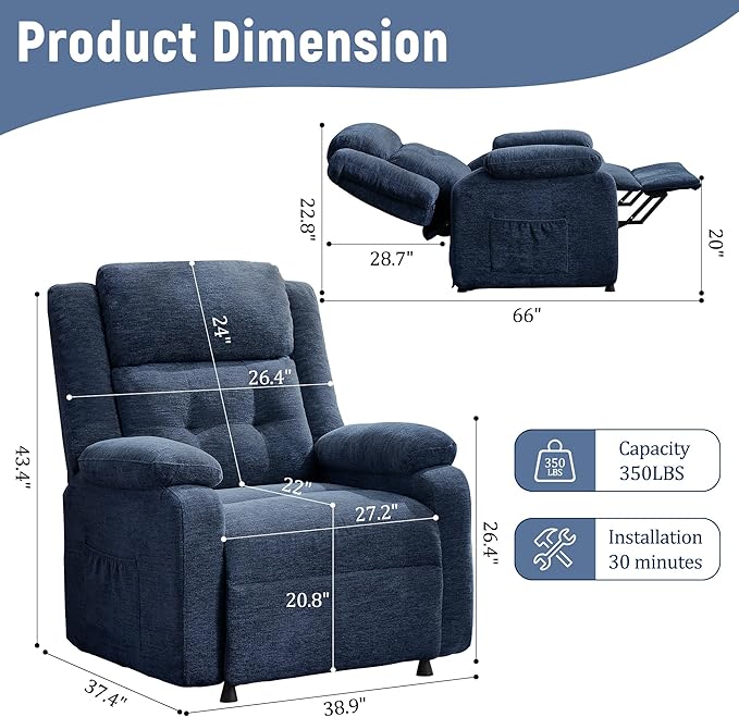 Power Recliner Chair for Adults Oversized Electric Recliner with Thickened Cushions Chenille Fabric Reclining Chair for Living Room Bedroom Blue