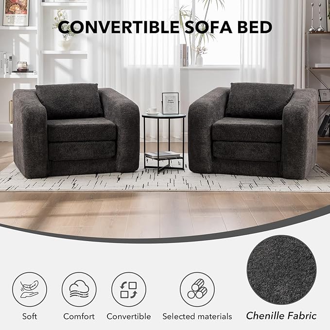 Convertible Sofa Bed Chenille Upholstered Pull Out Sofa Bed with Pillows 2-in-1 Sofa Chair with Minimalist Design Comfy Folding Mattress Couch for Apartment (Gray Single Sofa Bed)
