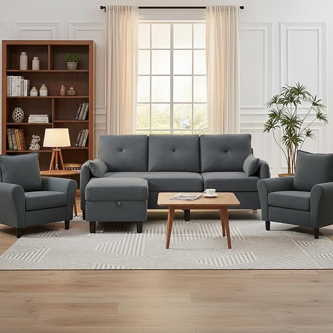 Sectional Sofa Set 77 Convertible Sofa and 2 Pieces 35 Accent Chair Small 3 Seat L Shaped Couch with Storage Ottoman Modern Couch for Living Room Office Apartment Dark Grey